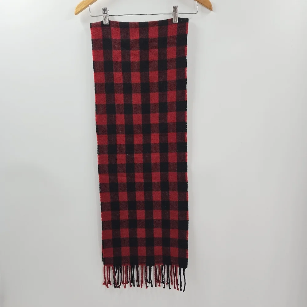 J.Crew Scarf Wool‎ Black Red Buffalo Plaid Rectangle Fringe